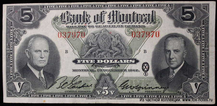 Bank of Montreal Bank note. 5 dollars 1942.