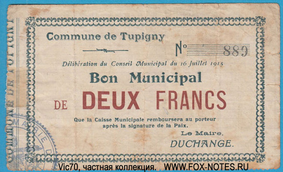 Commune de Tupigny Bon municipal 2 francs