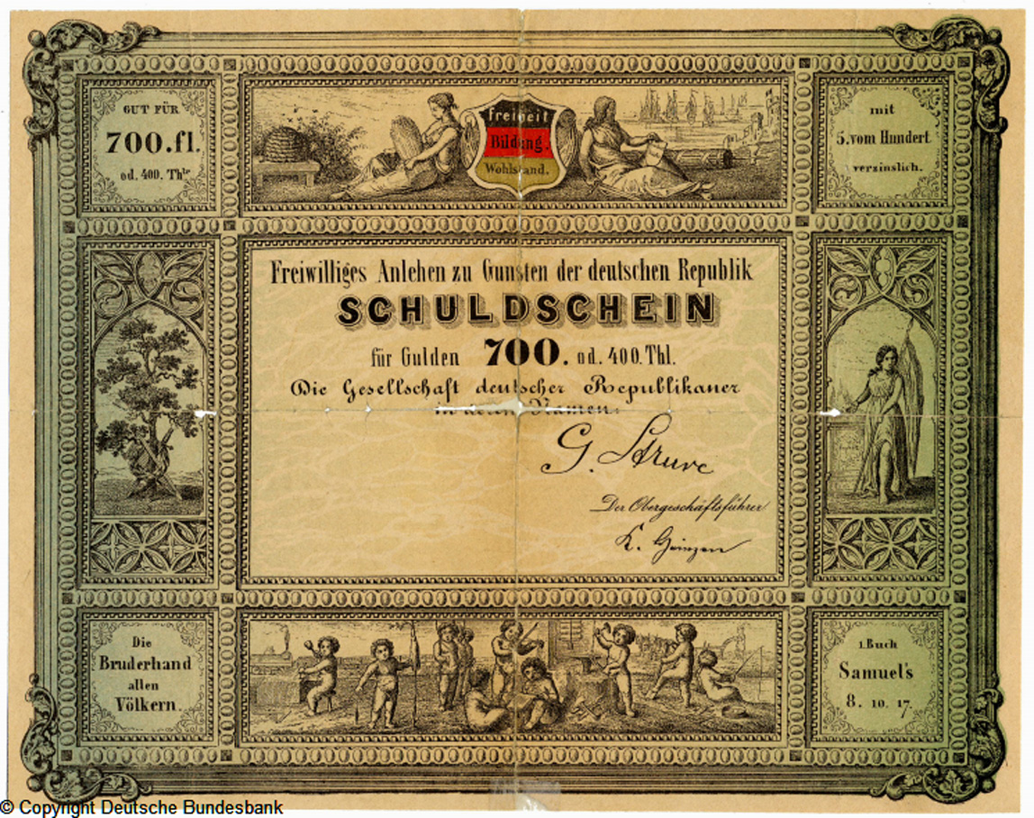 Gesellschaft deutscher Republikaner in der Schweiz Schuldschein 700 Gulden oder 400 Taler700 Gulden oder 400 Taler /01.11.1848