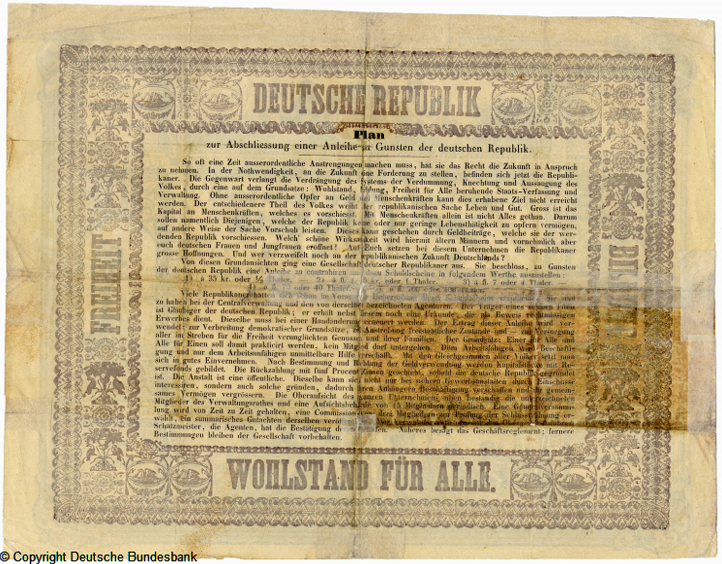Gesellschaft deutscher Republikaner in der Schweiz Schuldschein 70 Gulden oder 40 Taler /01.11.1848