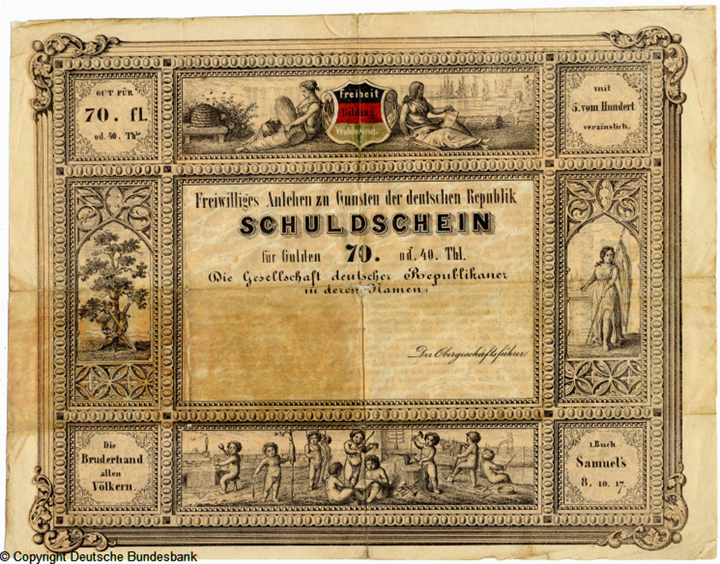 Gesellschaft deutscher Republikaner in der Schweiz Schuldschein 70 Gulden oder 40 Taler /01.11.1848