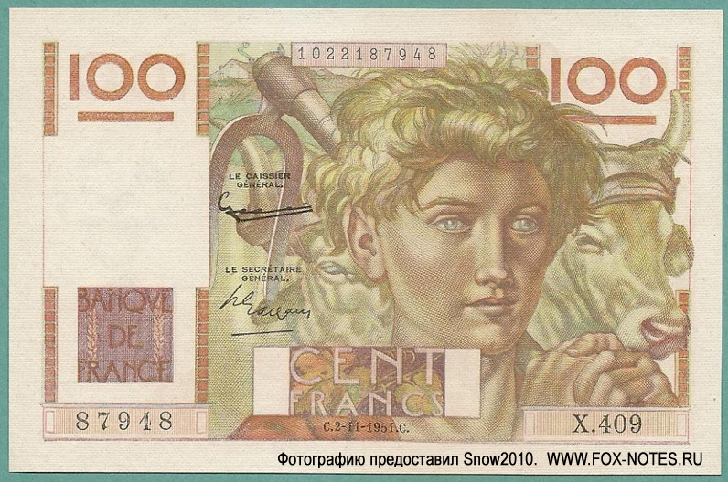 Banque de France 100  1951 "Jeune Paysan"