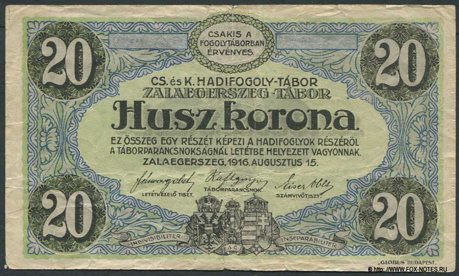 K. und K. Krigwsgefangenlager Zalaegerszeg-Tabor 20 Kronen 1916