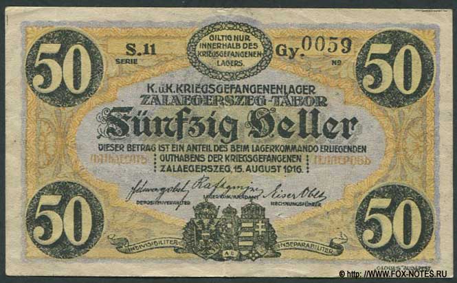 K. und K. Krigwsgefangenlager Zalaegerszeg-Tabor 50 Heller 1916