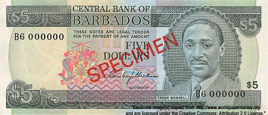 CENTRAL BANK OF BARBADOS 5 Dollars 1975 Specimen