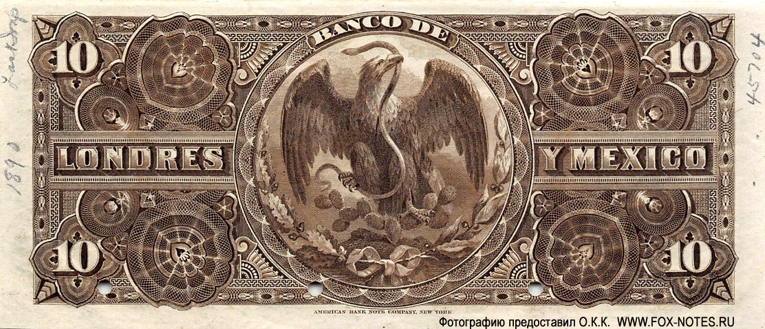 Banco de Londres y México 10 pesos 1889 Specimen