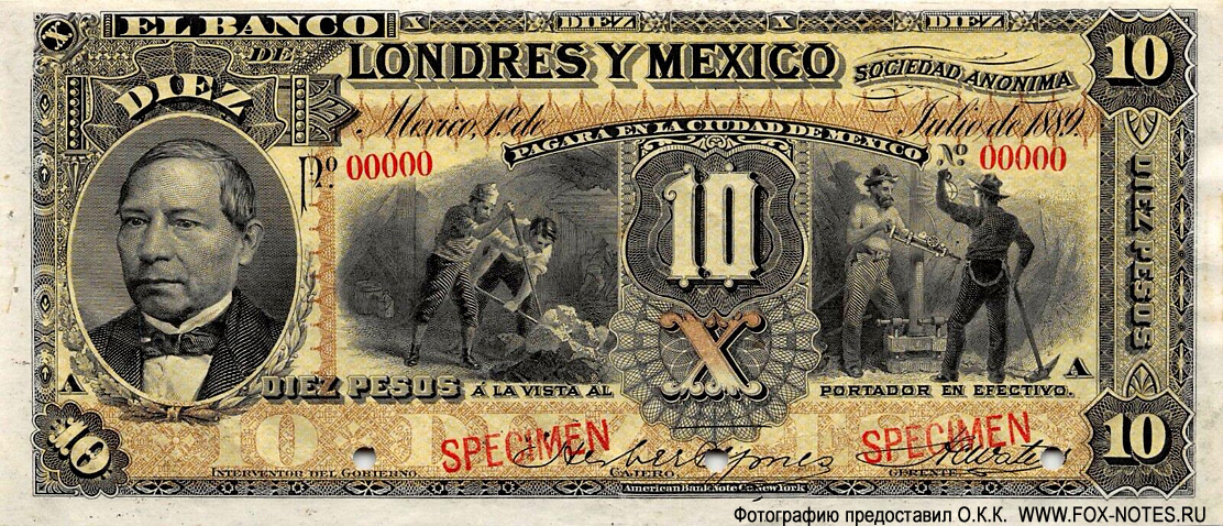 Banco de Londres y México 10 pesos 1889 Specimen