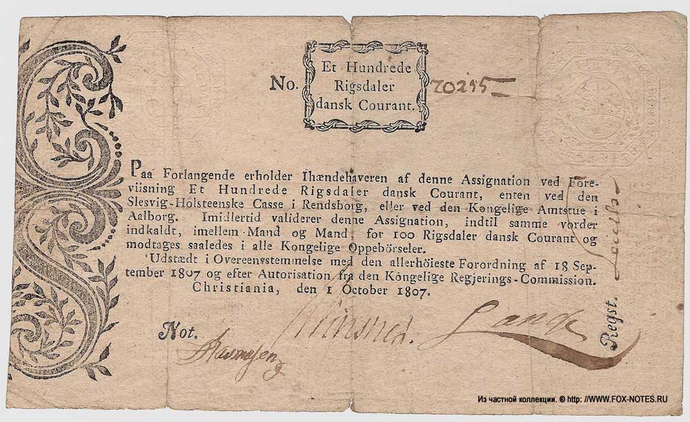 Regeringskommisjonens.  . 100 Rigsdaler 1807