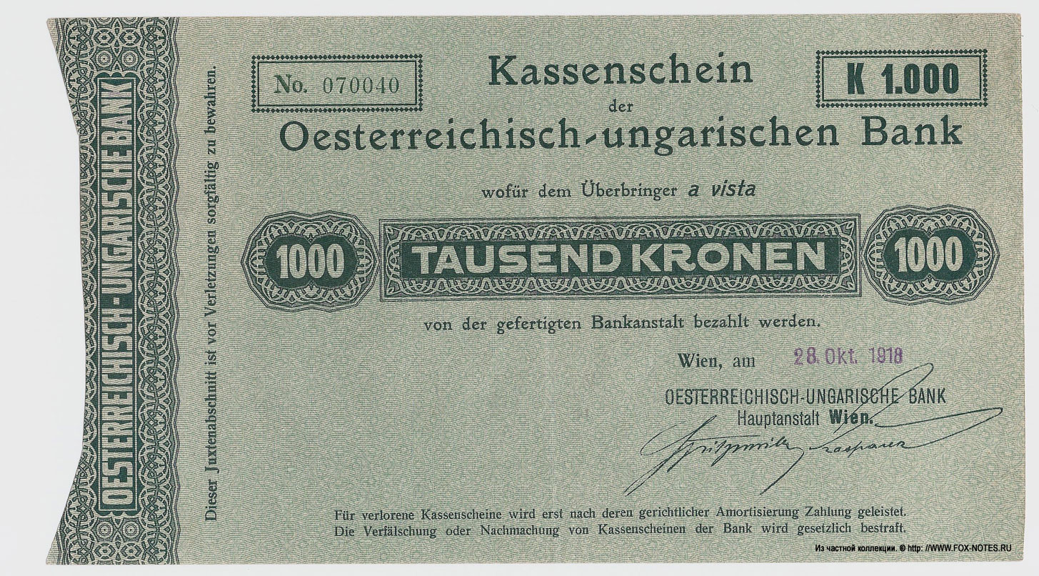 Kassenschein der Oesterreichisch-ungarische Bank. 1000 Kronen 1918.
