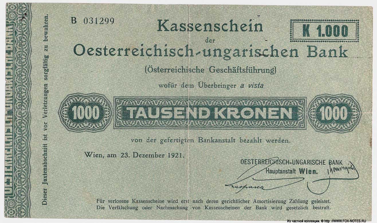 Kassenschein der Oesterreichisch-ungarische Bank. 1000 Kronen 1921.