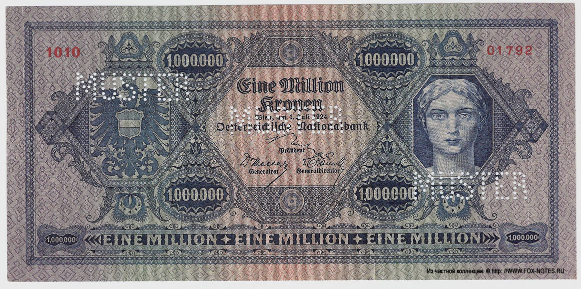 Oesterreichische Nationalbank. Banknote. 1000000 Kronen 1924.