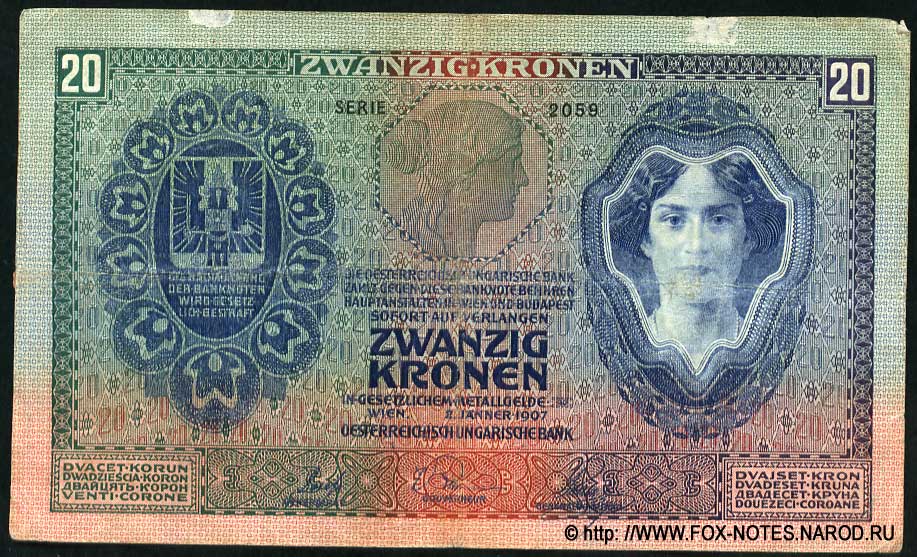 Oesterreichisch-ungarische Bank. Banknote. 20 Kronen 1907.