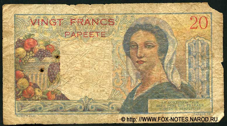 Französisch-Polynesien (Tahiti) Banknote von 20 Franc 1954