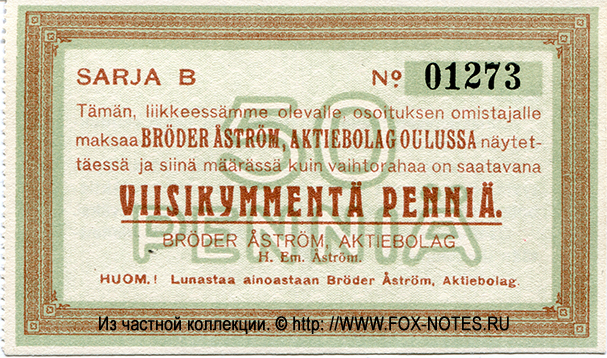 Bröder Åström Aktiebolag 50 Pennia 1917