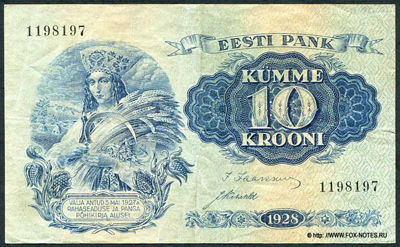  .  10  1928 . (Eesti Pank. Pangatäht 10 krooni 1928.)