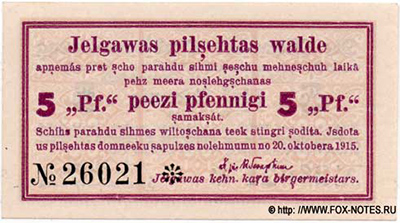 Mitausche Stadtverwaltung. Schuldschein. 5 Pfennig. 20. Oktober 1915.