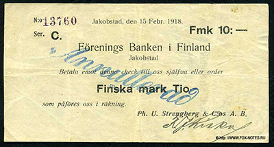 Якобстад. Foreningsbanken i Finland Ph. U. Strenberg & C:os A.B. Чек 10 финских марок 1918.