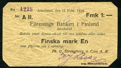 Foreningsbanken i Finland Ph. U. Strenberg & C:os A.B. 1 финская марка 1918.