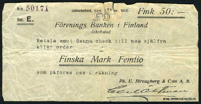 Якобстад. Foreningsbanken i Finland Ph. U. Strenberg & C:os A.B. Чек 50 финских марок 1918.
