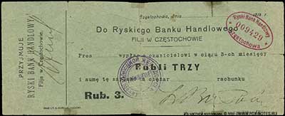 . Ryski Bank Handlowy Filji w Częstochowie. Czek. Rub. 3 1914 ( 1)