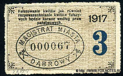Домброва. Magistrat Miasta Dąbrowy. Kwit. 3 kopiejki 1917.
