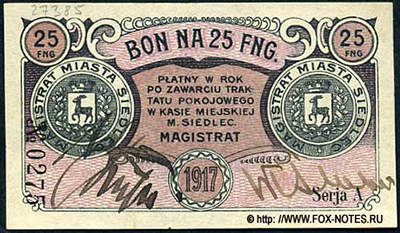 Magistrat Miasta Siedlec. Bon na 25 fennig 1917.
