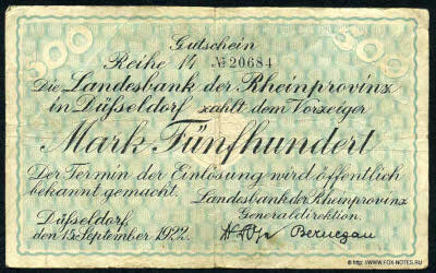 Landesbank der Rheinprovinz. Gutschein 500 Mark. 15. September 1922.