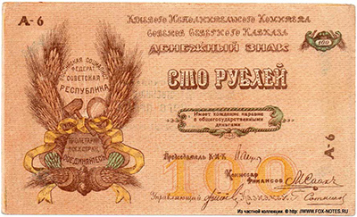 Краевого исполнительного комитета Советов Северного Кавказа денежный знак 100 рублей 1918.
