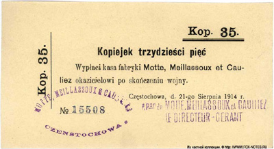 Częstochowa, Fabryka Motte, Meillassoux et Caulliez 35 Kop. 1914