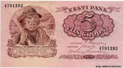 .  5   1929 . (Eesti Pank. Pangatäht 5 krooni 1929.)
