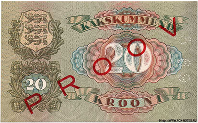 Eesti Pank. Pangatäht 20 krooni 1932 proov