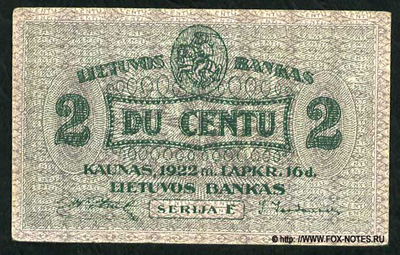 Lietuvos Banko banknotas. 2 centu 1922. 