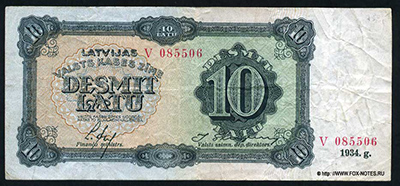 Latvijas valsts kases zīme 10 Latu 1933  Ludvigs Ēķis - Finanšu Ministr, Jānis Skujevics - Valsts saimn. dep. direktor. 