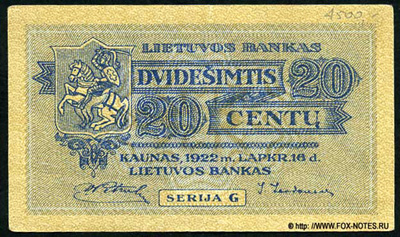 Lietuvos Banko banknotas. 20 centų 1922.