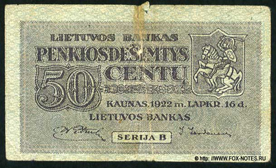 Lietuvos Banko banknotas. 50 centų 1922.