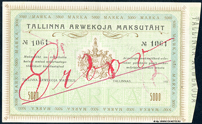 Tallinna Arvekoja      5000  1920. (Tallinna Arvekoja Maksutäht 5000 Marka 1920.)