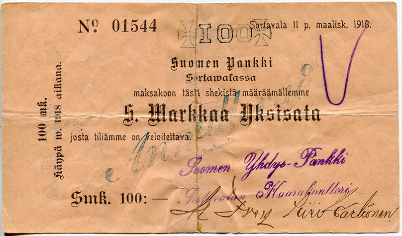 Suomen Yhdys-Pankki. Sortavalan Haarakonttori 100 Markkaa 1918 Nr01544
