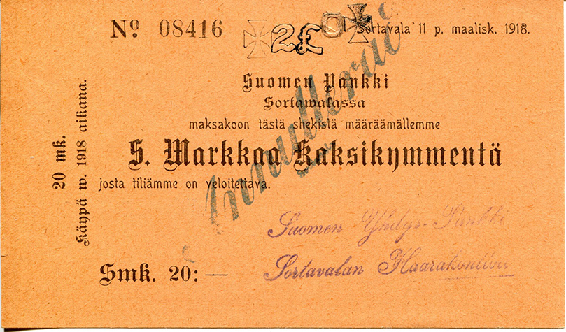 Suomen Yhdys-Pankki. Sortavalan Haarakonttori 20 Markkaa 1918 