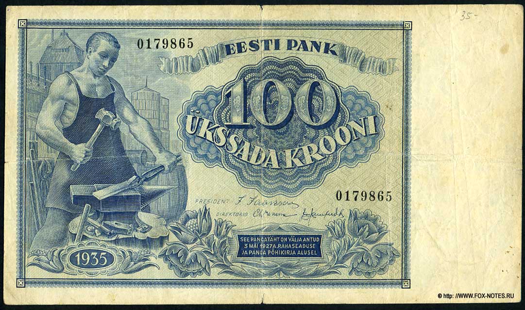  .  100   1935 . (Eesti Pank. Pangatäht 100 krooni 1935.)