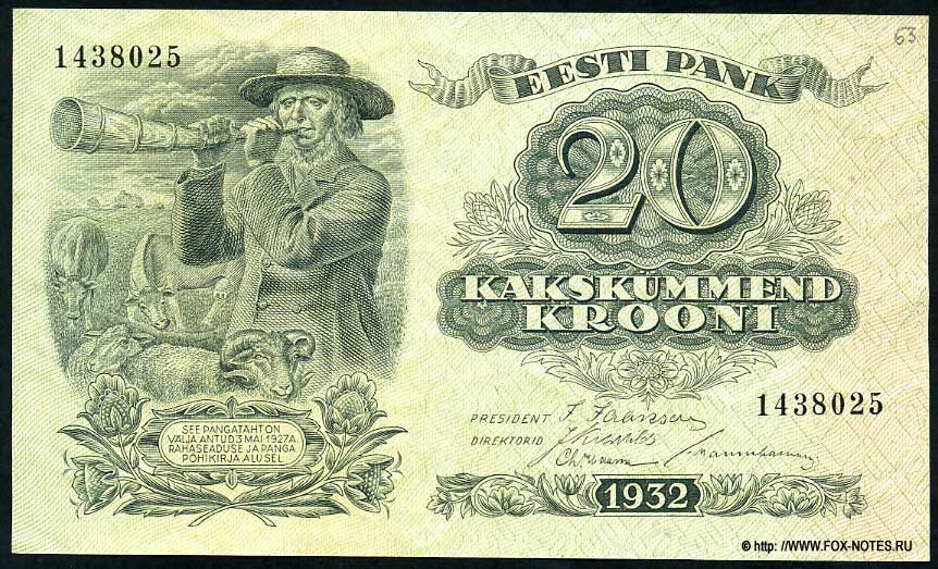  .  20   1932 . (Eesti Pank. Pangatäht 20 krooni 1932.)