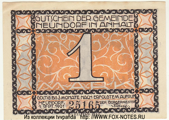 Gutschein der Gemeinde Neundorf. 1 Mark. 1. September 1921.