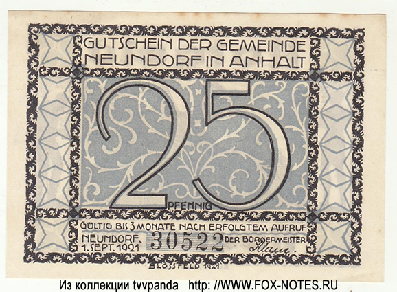 Gutschein der Gemeinde Neundorf. 25 Pfennig. 1. September 1921.
