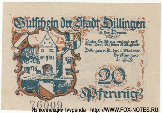 Gutschein der Stadt Dillingen. 20 Pfennig. 1920.