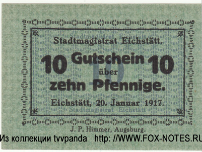 Stadtmagistrat Eichstätt 10 Pfennig. Gutschein. 20. Januar 1917.