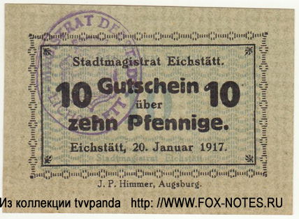 Stadtmagistrat Eichstätt 10 Pfennig. Gutschein. 20. Januar 1917.