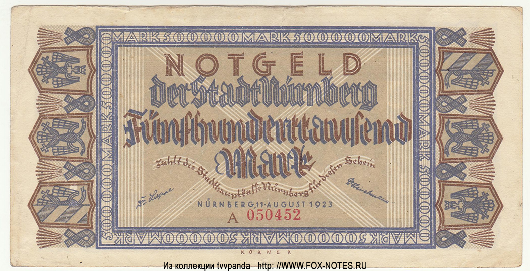 Notgeld der Stadt Nürnberg. 500000 Mark. 11. August 1923.