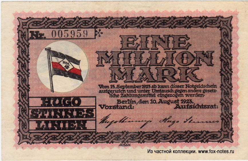 Hugo Stinnes Linien Eine Million Mark 1923