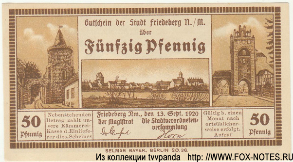 Gutschein der Stadt Friedeberg. 50 Pfennig. 13. Septemder 1920.