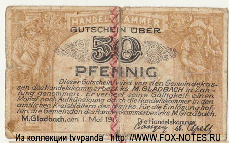 Handelskammer Bergisch 50 Pfennig Gutschein. 1. Mai 1917