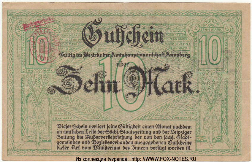 Bezirke der Amtshauptmannschaft Annaberg 10 Mark 1918 Notgeld